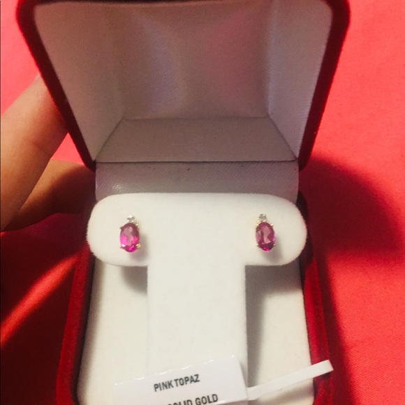 10K Pink Topaz and Diamond Stud Earrings - Picture 3 of 3
